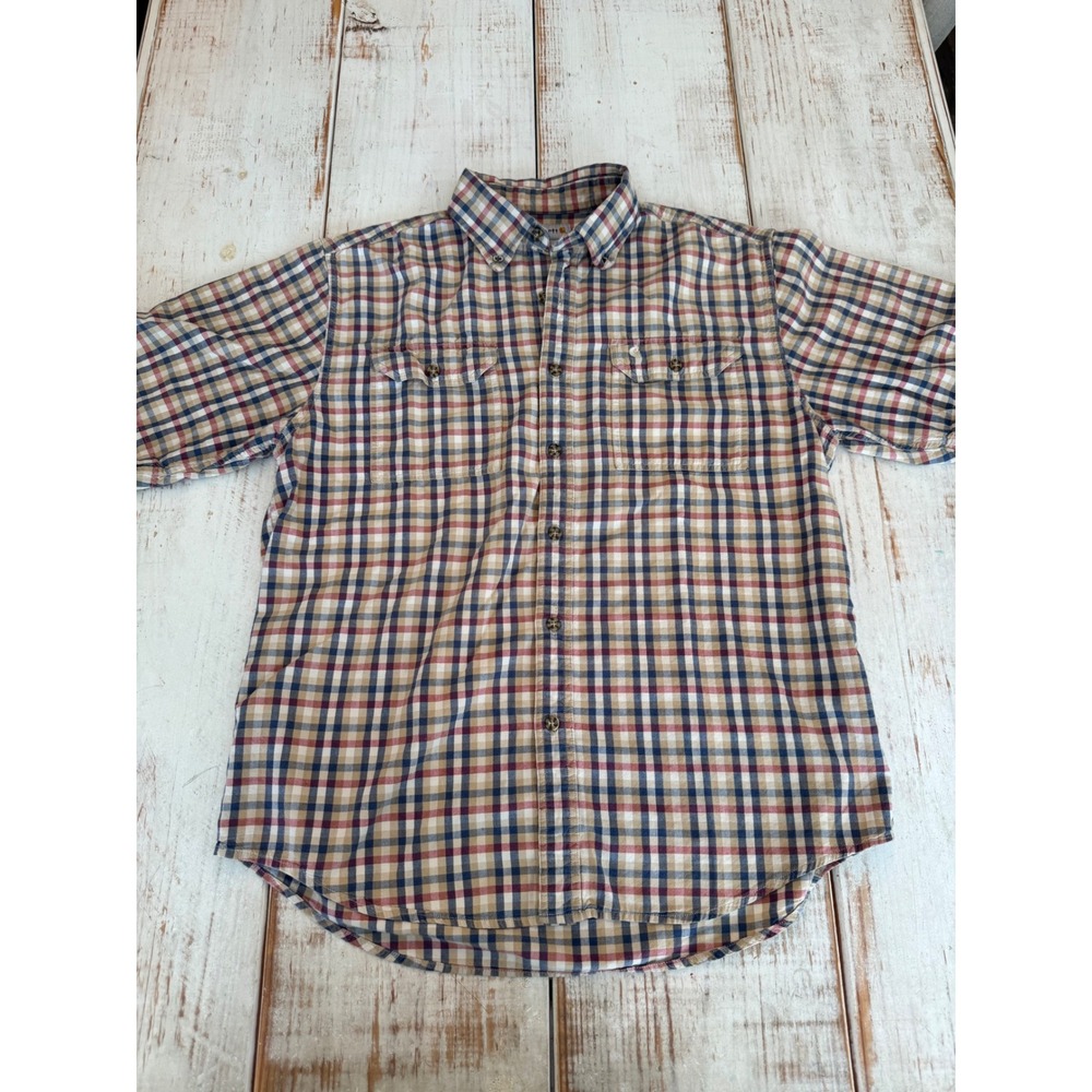 Carhartt Mens Large Short Sleeve Plaid Button Up Shirt Cotton Blue Tan Red
